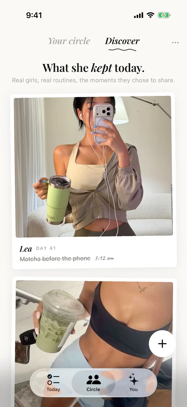Era's Discover feed: photos girls chose to post, each captioned with the habit kept and the time.